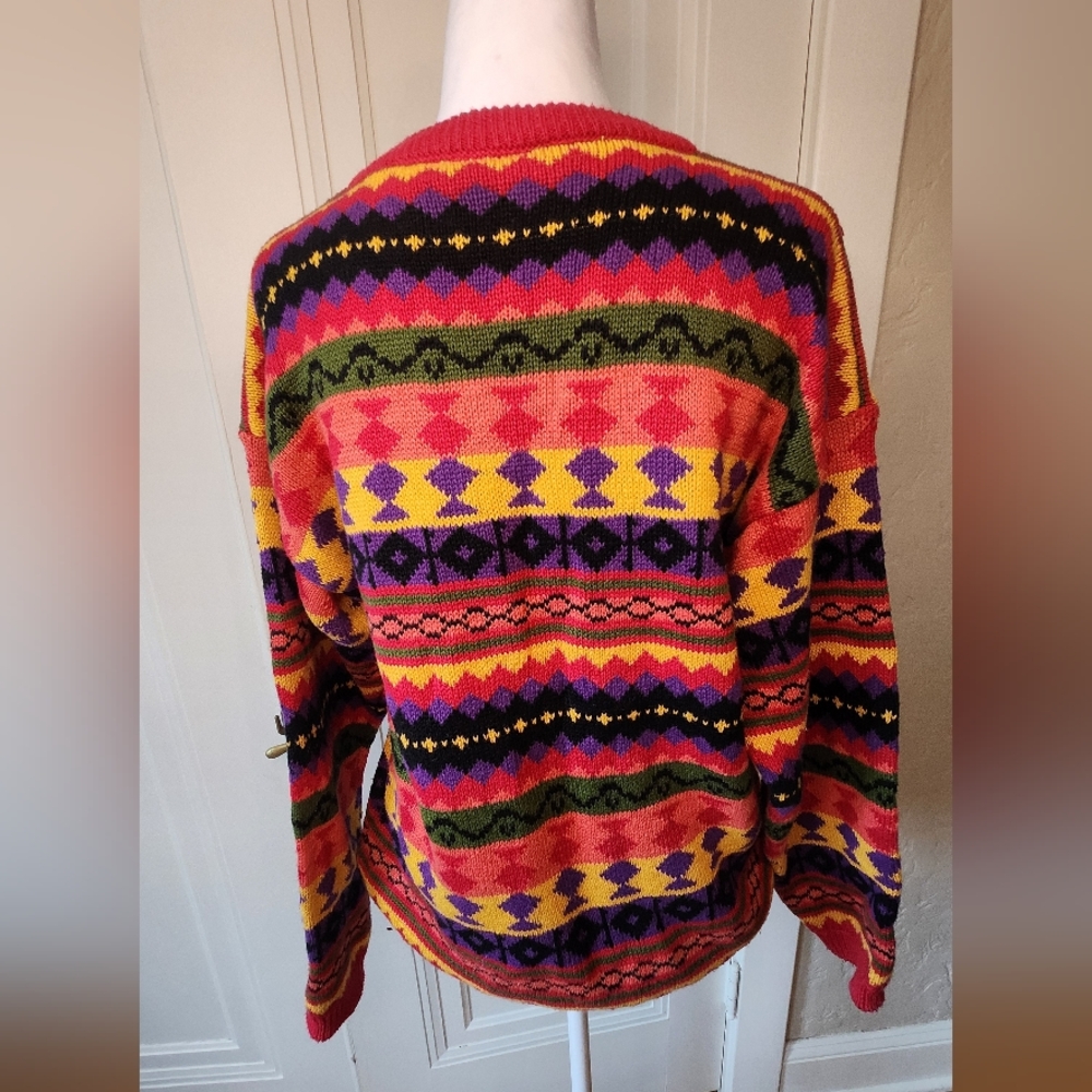 Vintage 80s 90s Interim Geometric Knit Sweater Bold Colorful Sz small Coogi Vibe - Picture 2 of 10